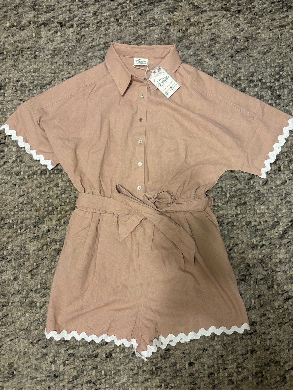 Blush Pink Button-Up Romper with White Rickrack Trim